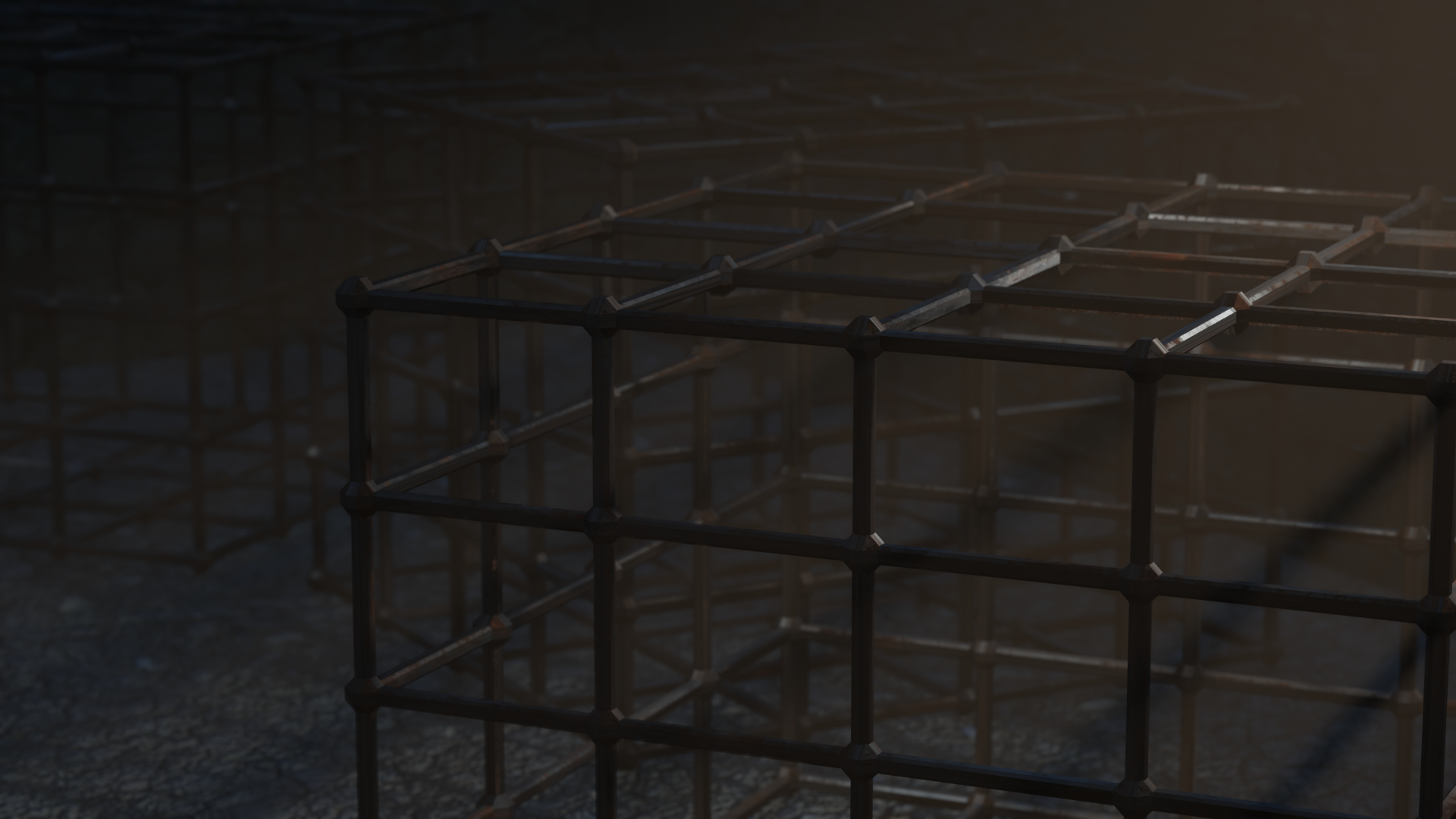 A render of three rusty old cages on a stone floor