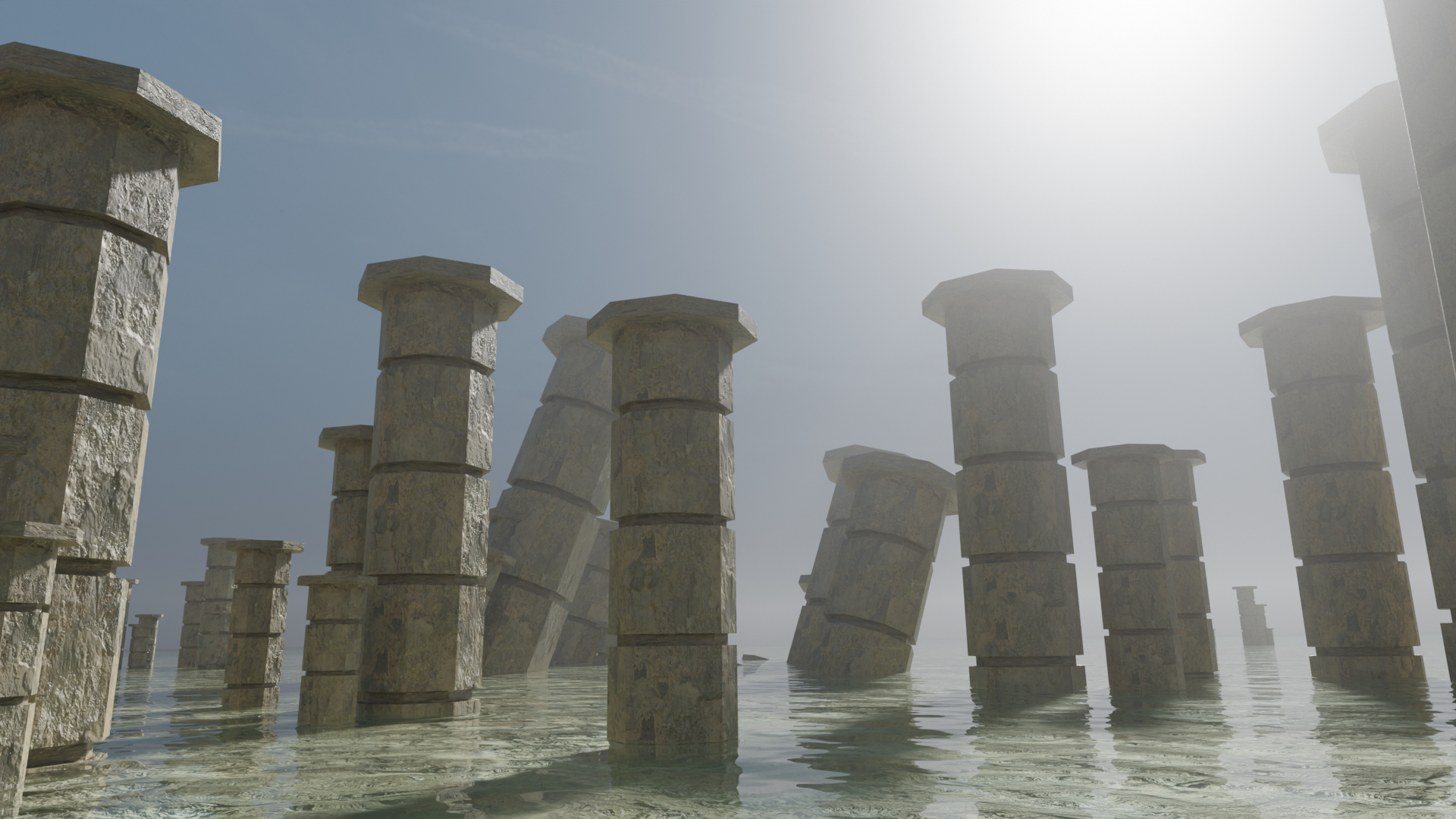 A 3D render of some scattered pillars standing in shallow water